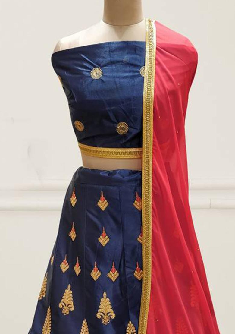 Blue Embroidered Silk Lehenga Set With Dupatta