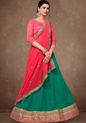 Green Embroidered Silk Lehenga Set With Dupatta