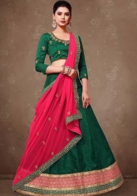 Green Embroidered Silk Lehenga Set With Dupatta