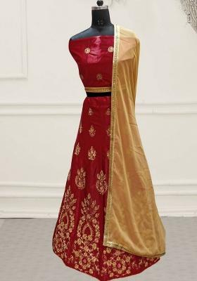 Red Embroidered Silk Lehenga Set With Dupatta