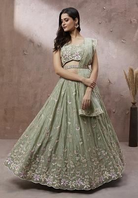Lime Green Sequin Embroidered Georgette Lehenga Set With Dupatta