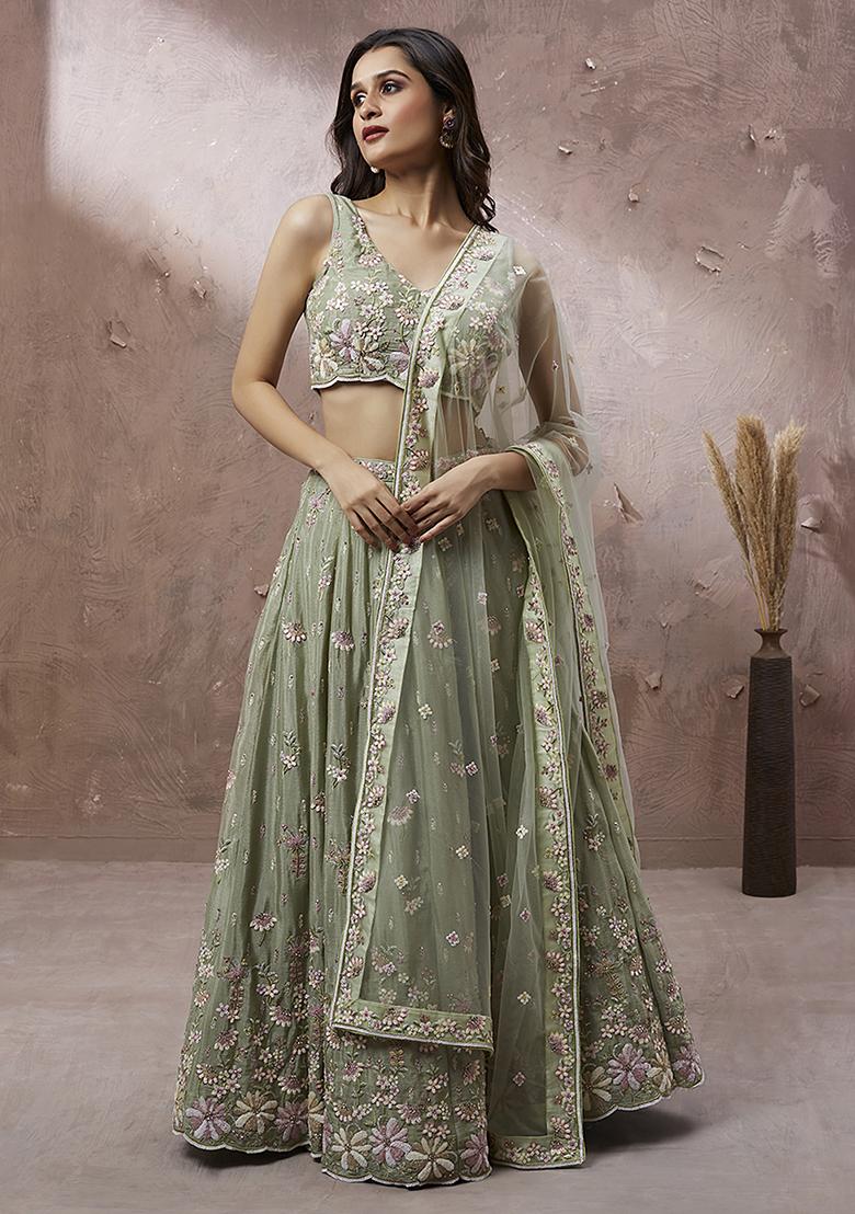 Lime Green Sequin Embroidered Georgette Lehenga Set With Dupatta