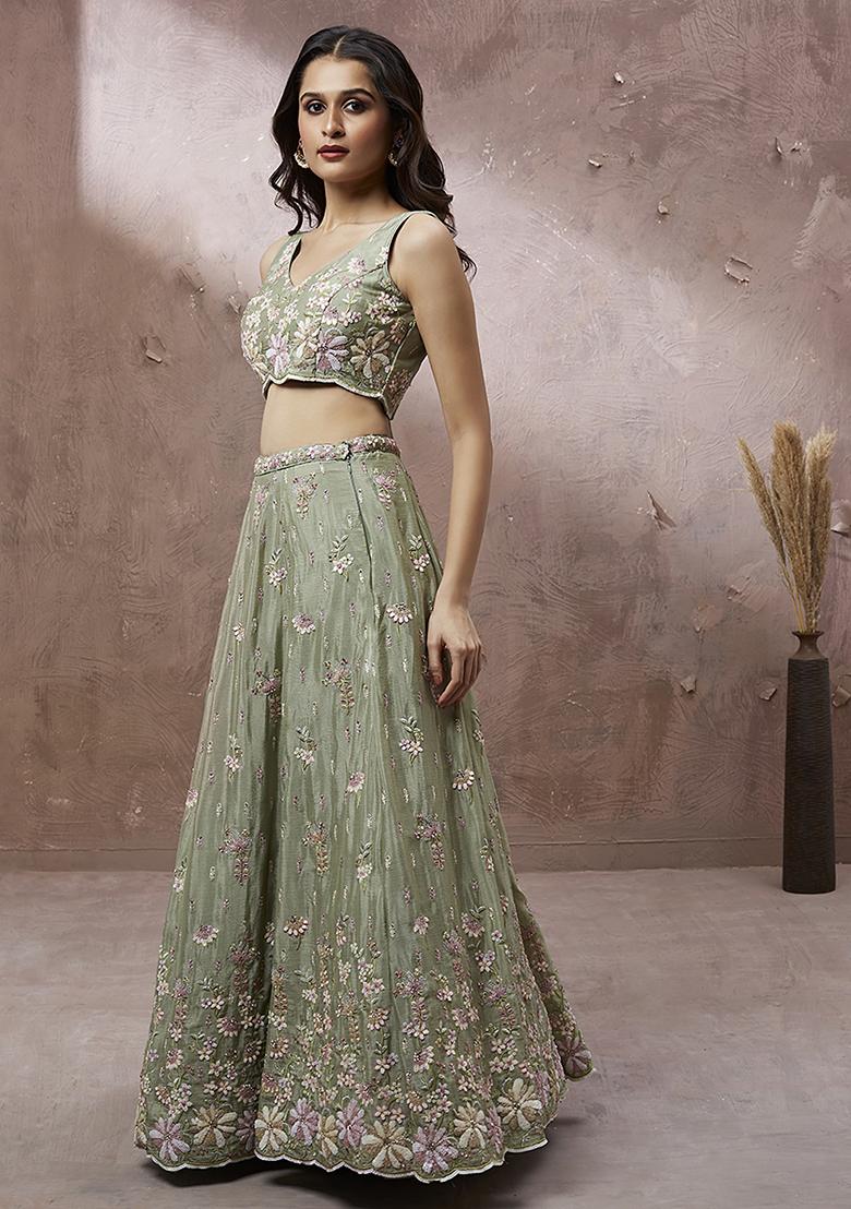Lime Green Sequin Embroidered Georgette Lehenga Set With Dupatta