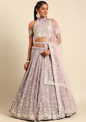 Mauve Sequin Embroidered Georgette Lehenga Set With Dupatta