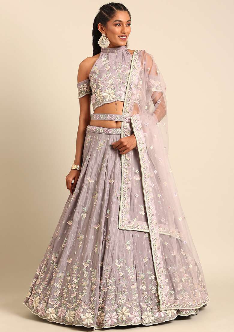 Mauve Sequin Embroidered Georgette Lehenga Set With Dupatta - Indya
