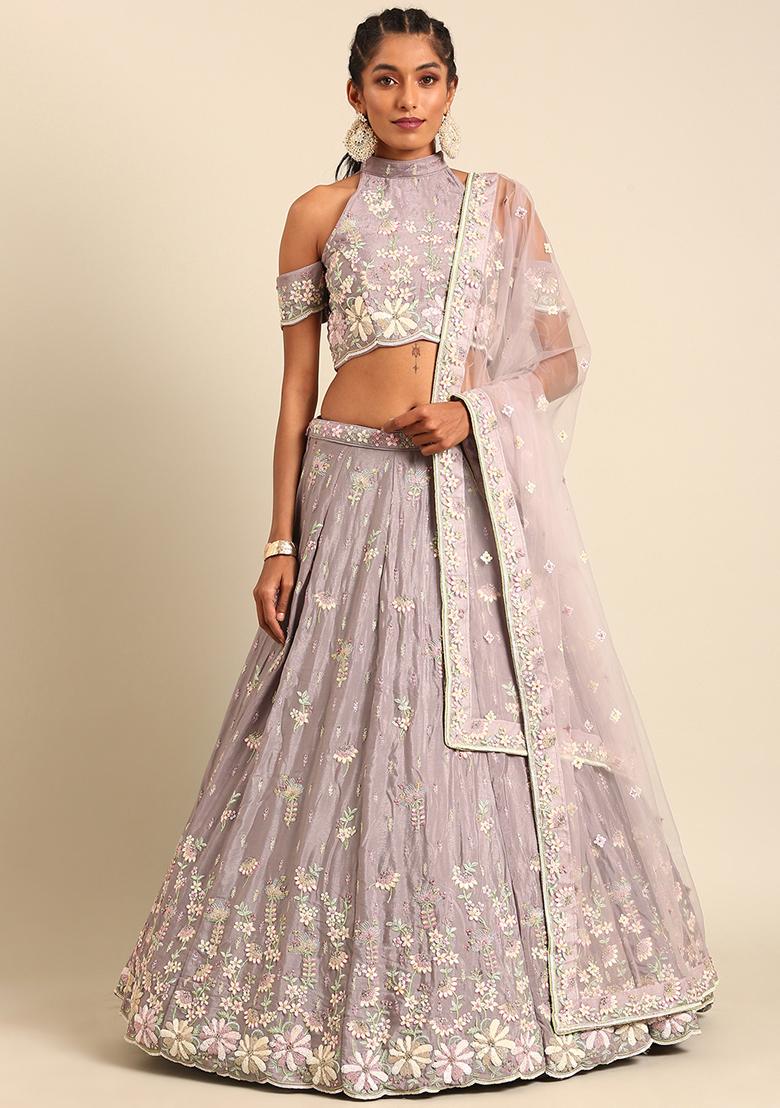 Mauve Sequin Embroidered Georgette Lehenga Set With Dupatta