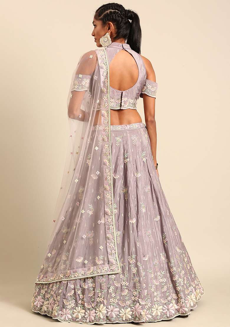 Mauve Sequin Embroidered Georgette Lehenga Set With Dupatta - Indya