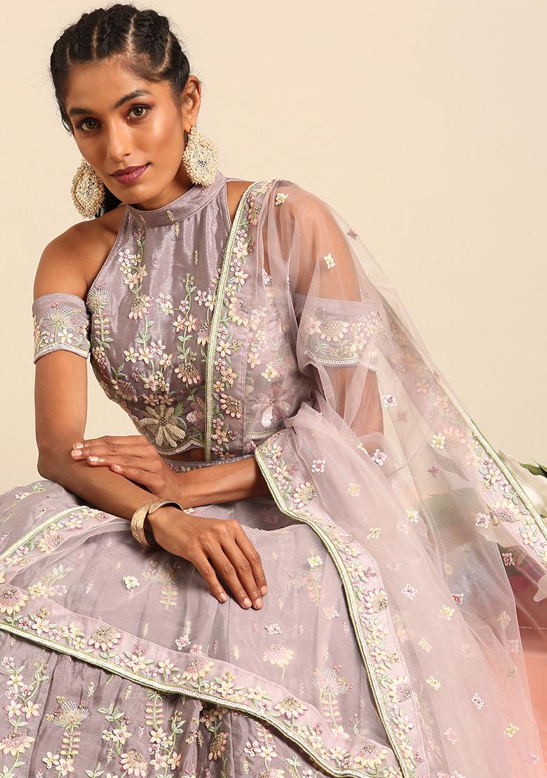 Mauve Sequin Embroidered Georgette Lehenga Set With Dupatta