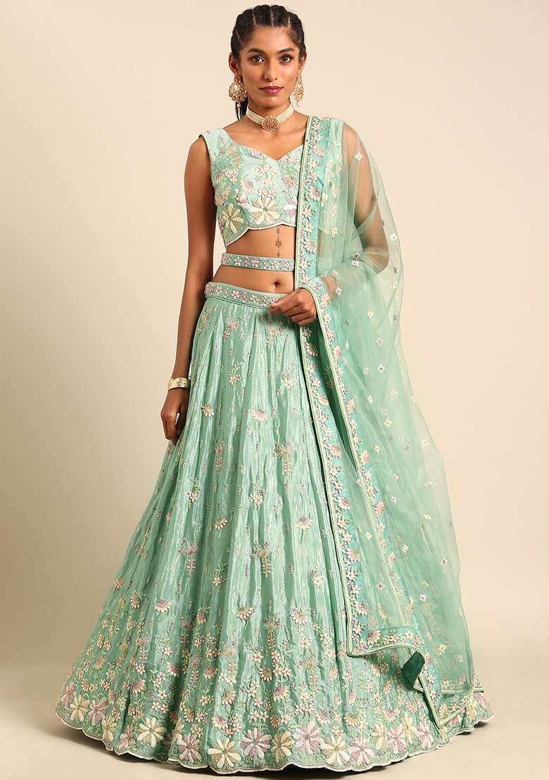 Sea Green Sequin Embroidered Net Lehenga Set With Dupatta - Indya