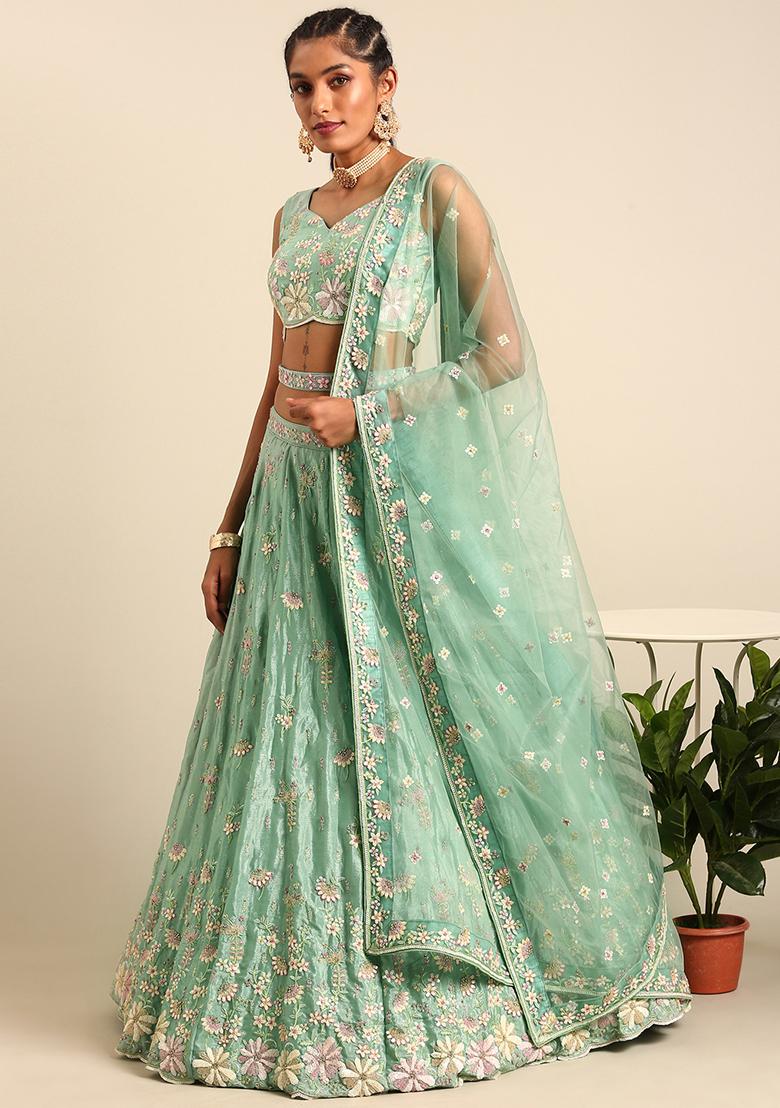 Sea Green Sequin Embroidered Net Lehenga Set With Dupatta