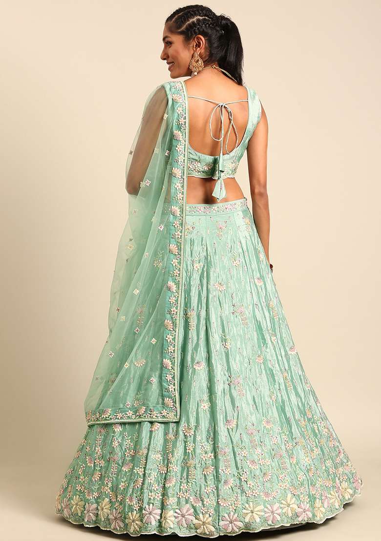 Sea Green Sequin Embroidered Net Lehenga Set With Dupatta - Indya