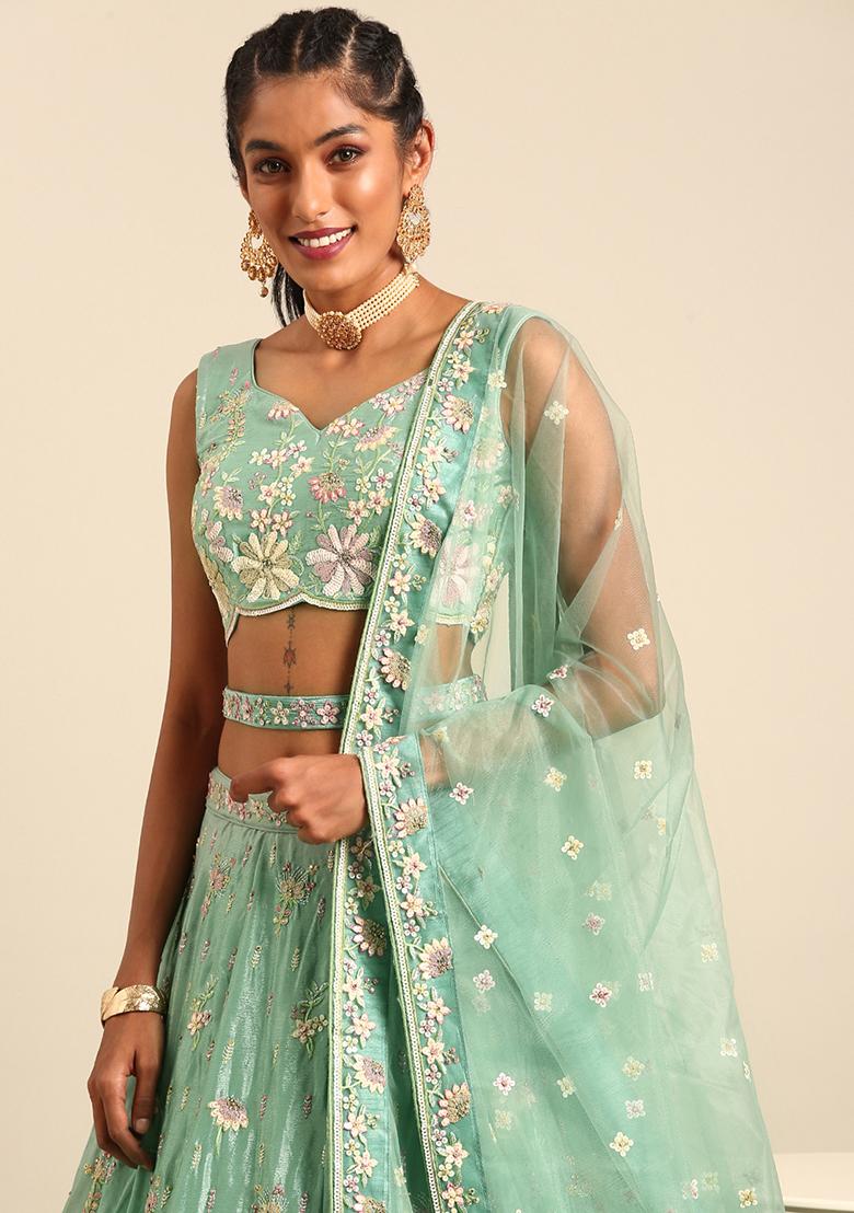 Sea Green Sequin Embroidered Net Lehenga Set With Dupatta