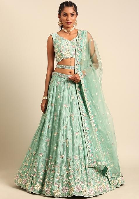 Sea Green Sequin Embroidered Net Lehenga Set With Dupatta