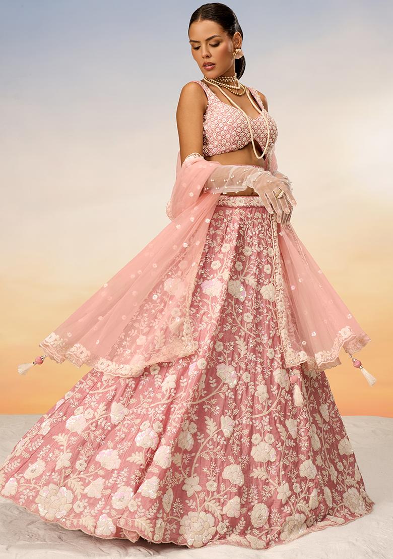 Rose Gold Sequin Embroidered Georgette Lehenga Set With Dupatta
