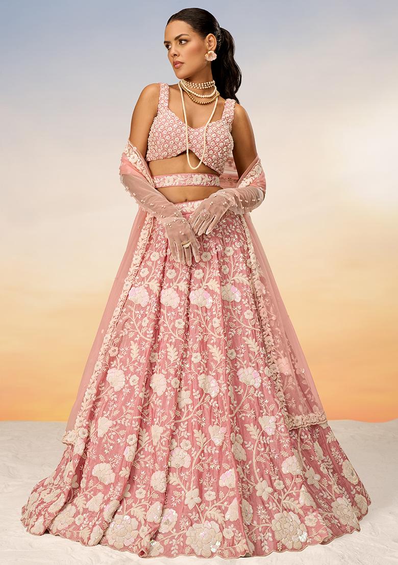 Rose Gold Sequin Embroidered Georgette Lehenga Set With Dupatta