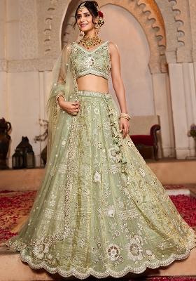 Lime Green Embroidered Tissue Lehenga Set With Dupatta