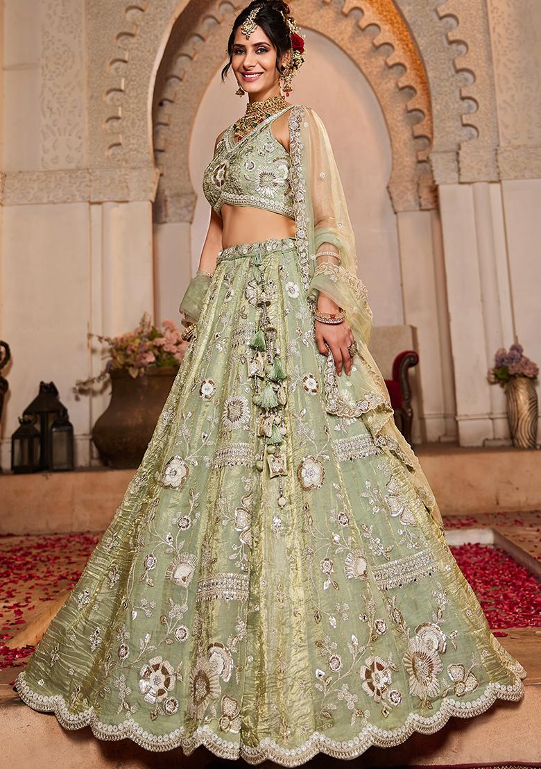 Lime Green Embroidered Tissue Lehenga Set With Dupatta