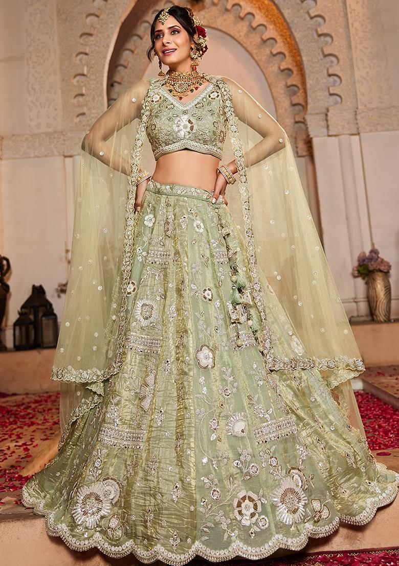 Lime Green Embroidered Tissue Lehenga Set With Dupatta