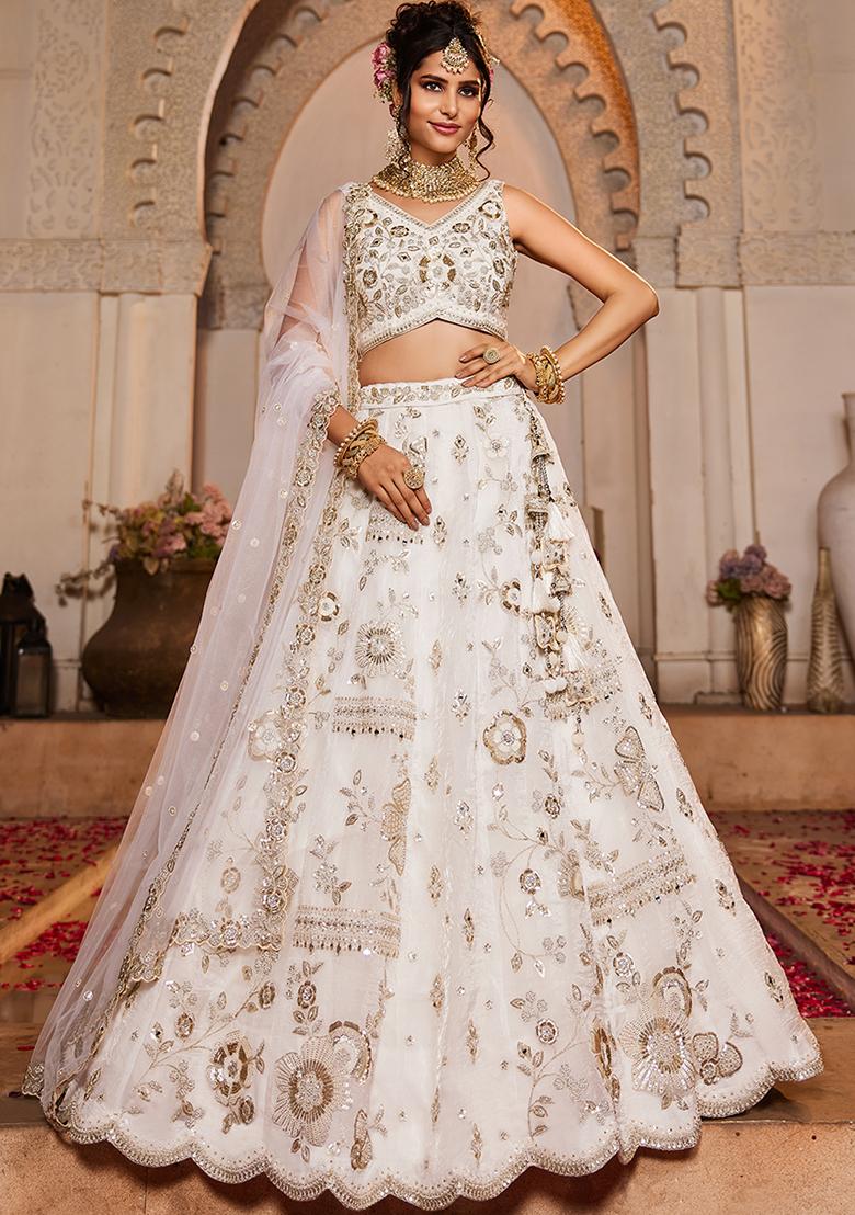 Off White Embroidered Tissue Lehenga Set With Dupatta