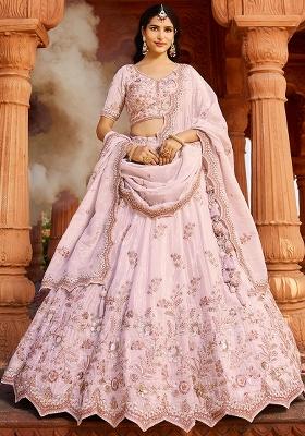Coral Embroidered Tissue Lehenga Set With Dupatta