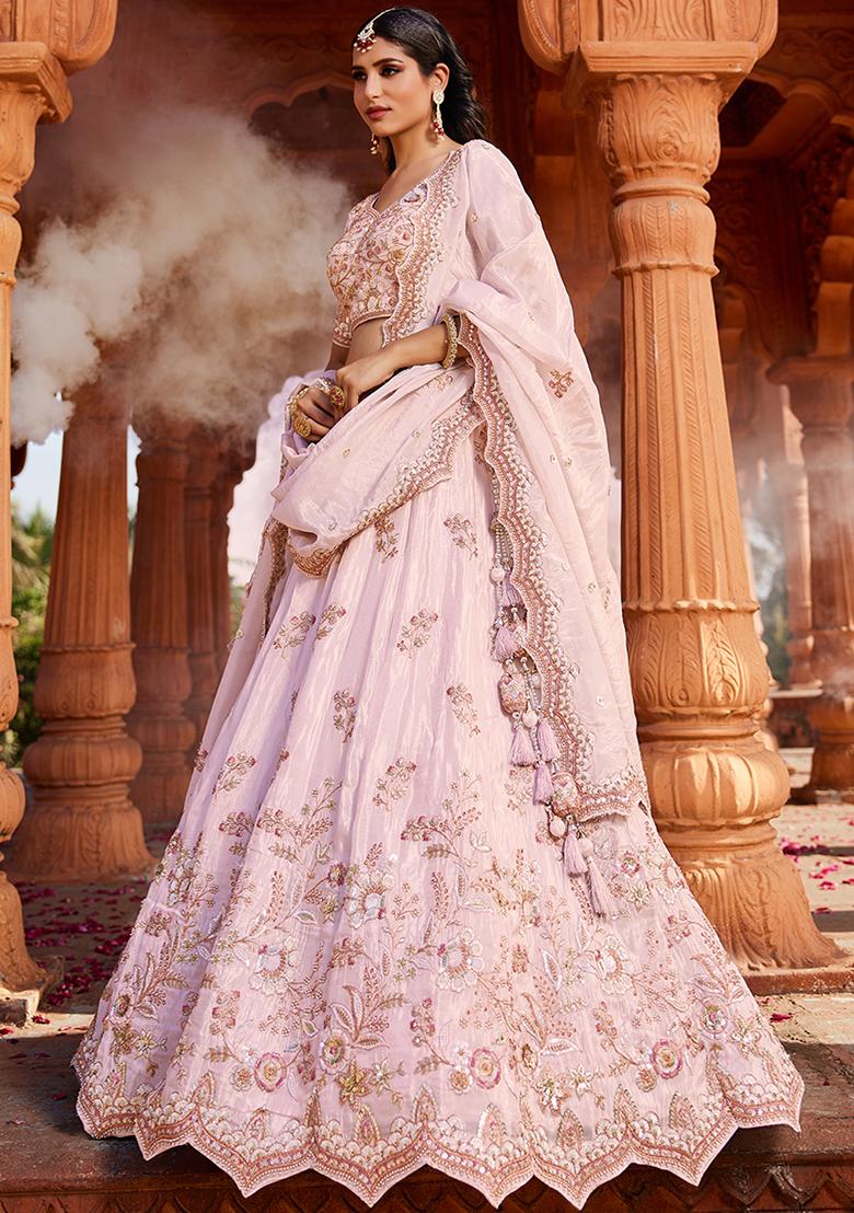 Coral Embroidered Tissue Lehenga Set With Dupatta