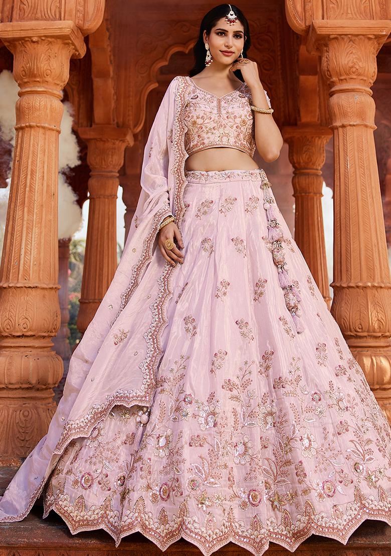 Coral Embroidered Tissue Lehenga Set With Dupatta