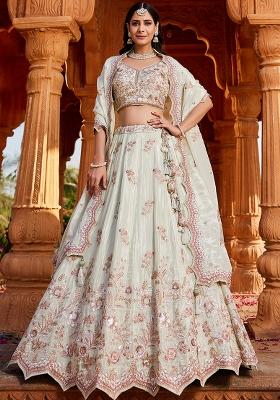 Lime Green Embroidered Tissue Lehenga Set With Dupatta