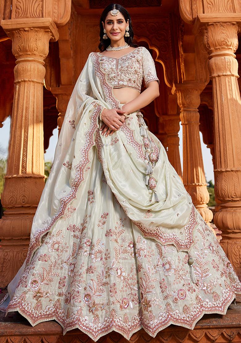 Lime Green Embroidered Tissue Lehenga Set With Dupatta