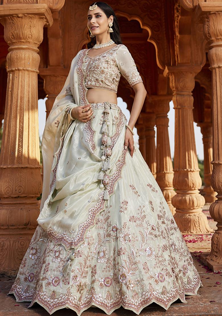 Lime Green Embroidered Tissue Lehenga Set With Dupatta