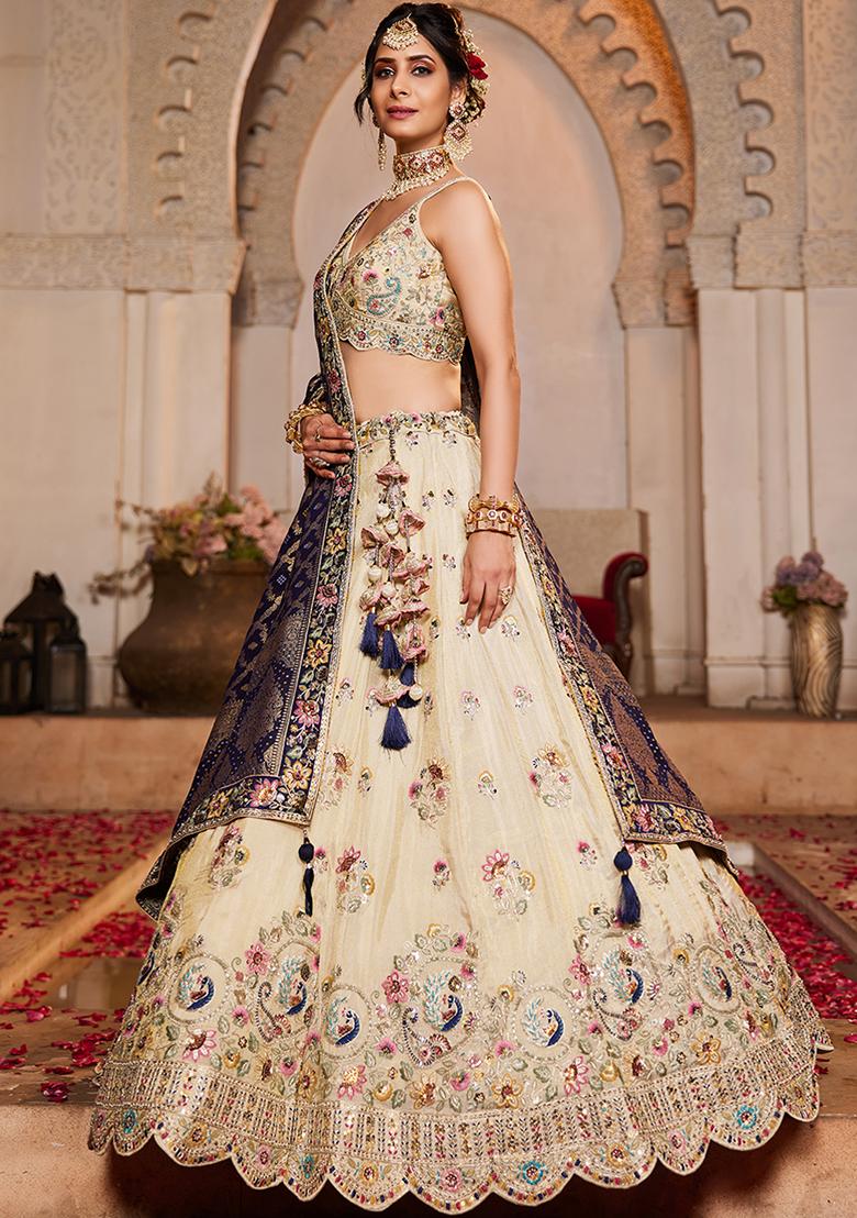 Navy Blue Embroidered Tissue Lehenga Set With Dupatta