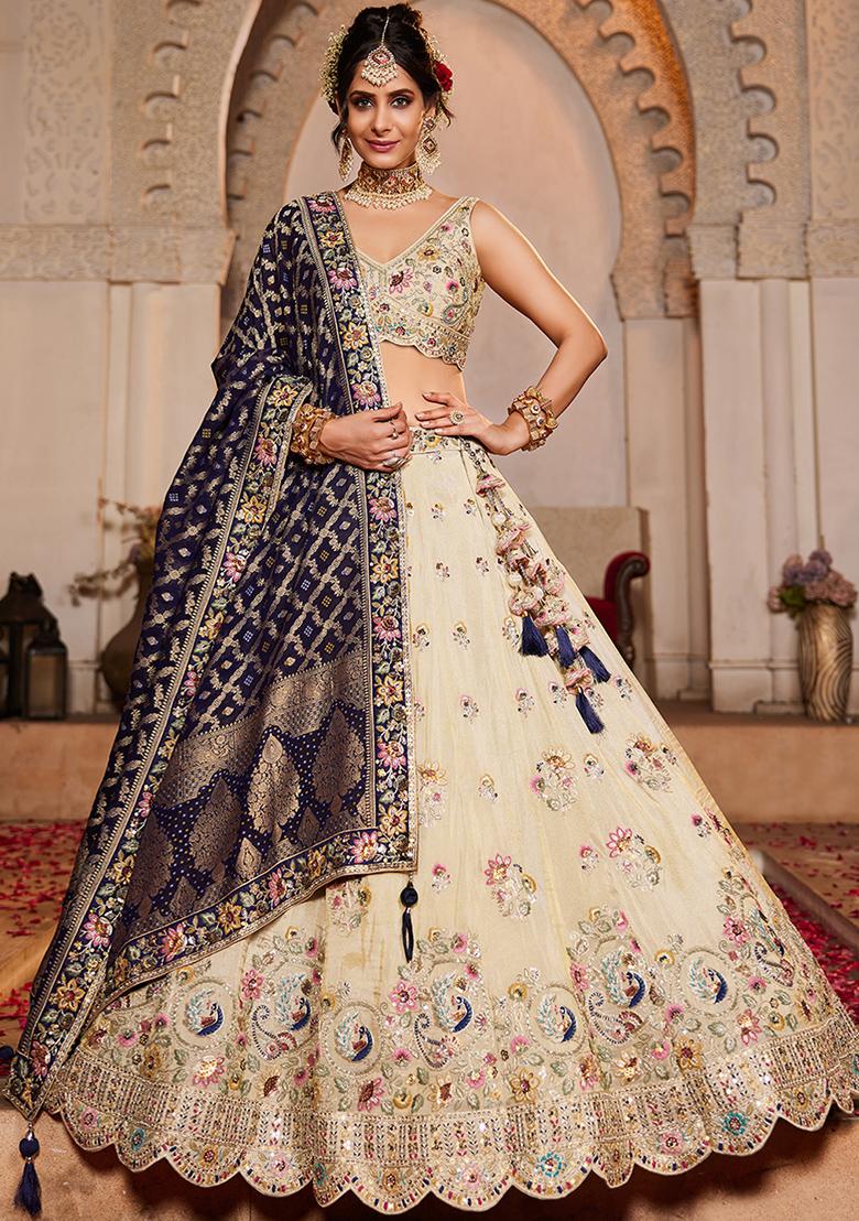 Navy Blue Embroidered Tissue Lehenga Set With Dupatta