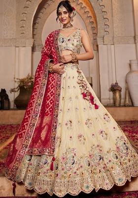 Pink Embroidered Tissue Lehenga Set With Dupatta