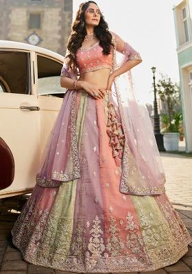 Lavender Embroidered Tissue Lehenga Set With Dupatta