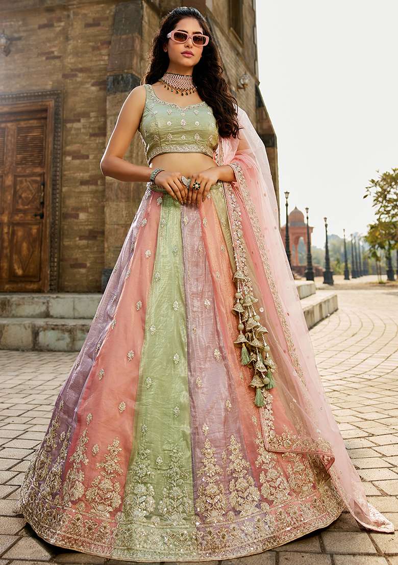 Pink Embroidered Tissue Lehenga Set With Dupatta - Indya