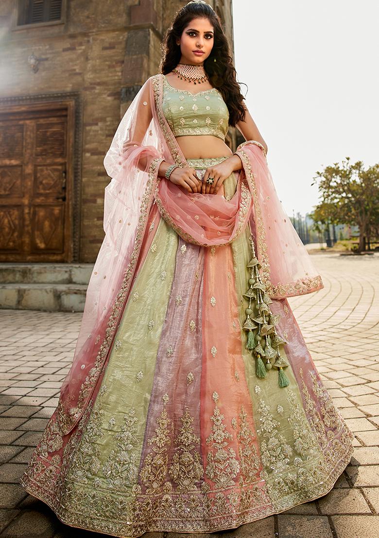 Pink Embroidered Tissue Lehenga Set With Dupatta