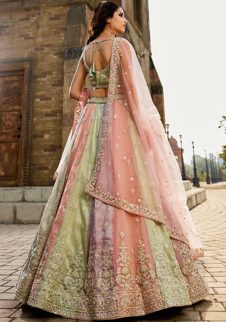 Pink Embroidered Tissue Lehenga Set With Dupatta - Indya