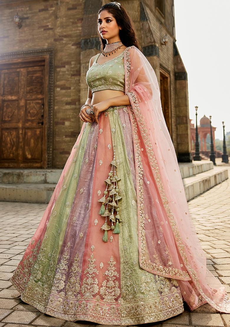 Pink Embroidered Tissue Lehenga Set With Dupatta