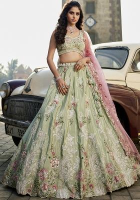 Lime Green Sequin Embroidered Satin Lehenga Set With Dupatta