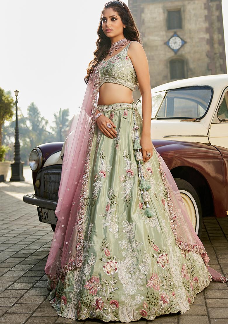 Lime Green Sequin Embroidered Satin Lehenga Set With Dupatta