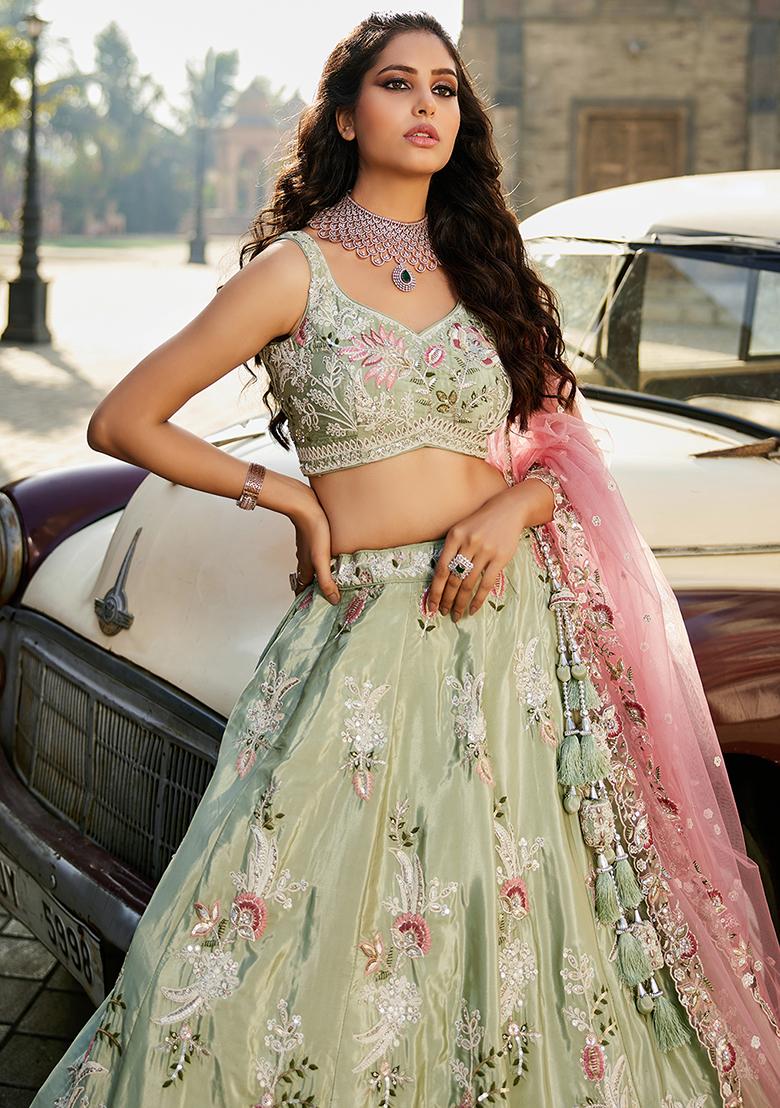 Lime Green Sequin Embroidered Satin Lehenga Set With Dupatta