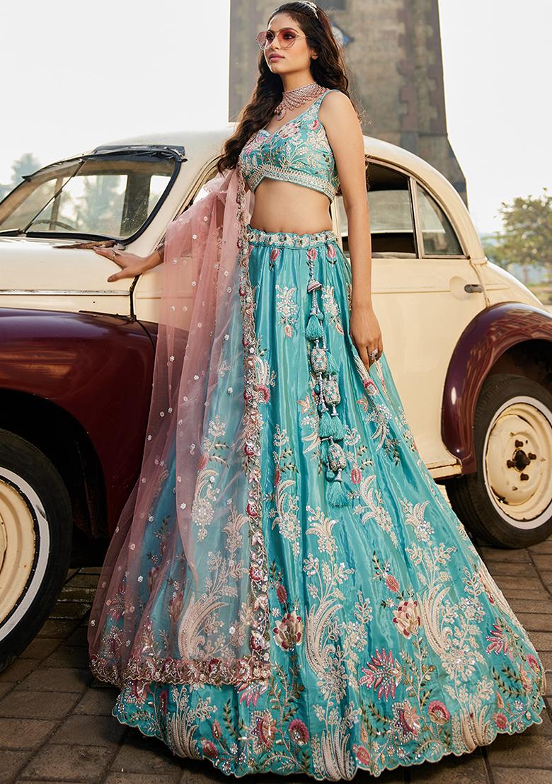 Turquoise Blue Sequin Embroidered Satin Lehenga Set With Dupatta