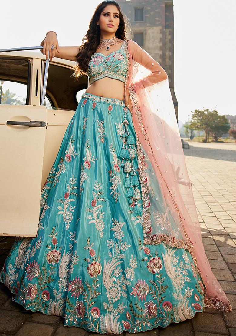 Turquoise Blue Sequin Embroidered Satin Lehenga Set With Dupatta