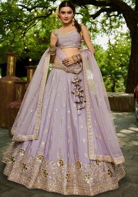 Mauve Sequin Embroidered Chiffon Lehenga Set With Dupatta