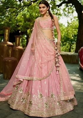 Pink Sequin Embroidered Chiffon Lehenga Set With Dupatta