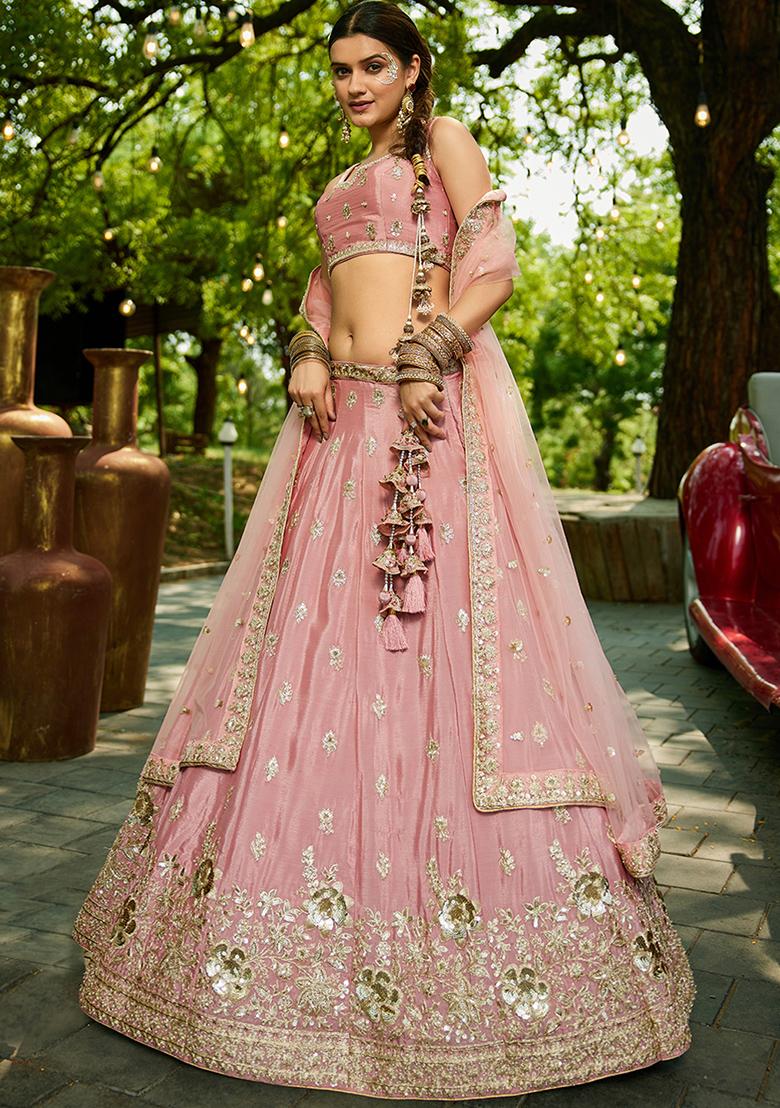 Pink Sequin Embroidered Chiffon Lehenga Set With Dupatta