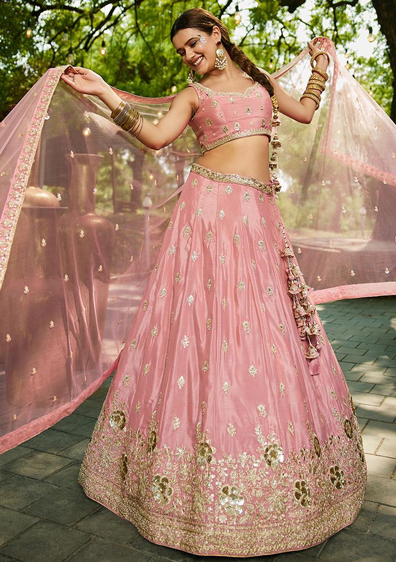 Pink Sequin Embroidered Chiffon Lehenga Set With Dupatta