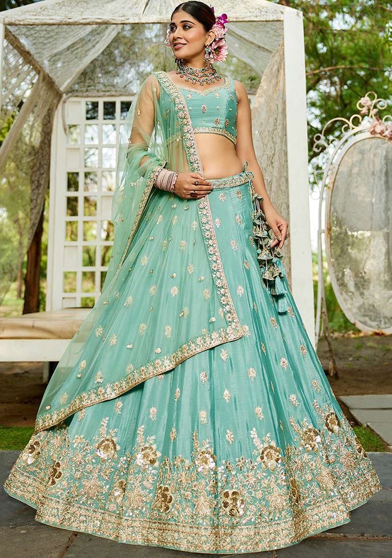 Sea Green Sequin Embroidered Chiffon Lehenga Set With Dupatta - Indya