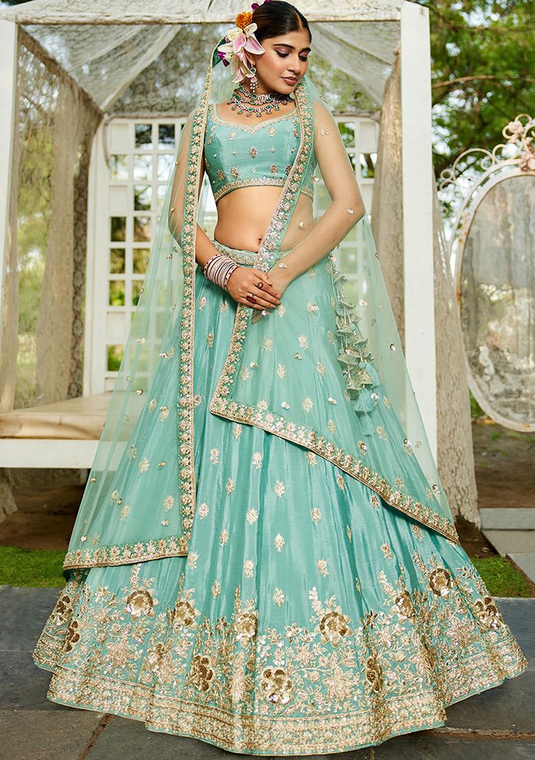 Sea Green Sequin Embroidered Chiffon Lehenga Set With Dupatta