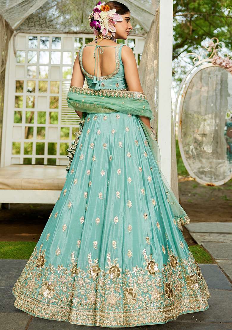 Sea Green Sequin Embroidered Chiffon Lehenga Set With Dupatta - Indya