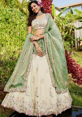 Green Sequin Embroidered Tissue Lehenga Set With Dupatta